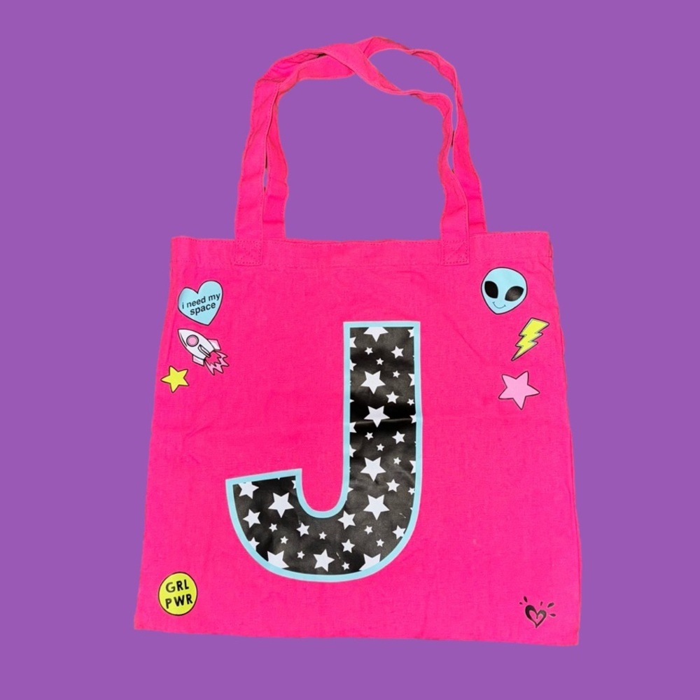 Justice hot pink, initialed tote bag